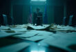 Abandoned negotiation table with scattered trade documents in empty corporate boardroom featuring EU and US flags