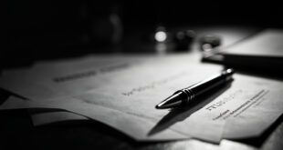 Legal documents and forms spread across wooden desk surface with fountain pen