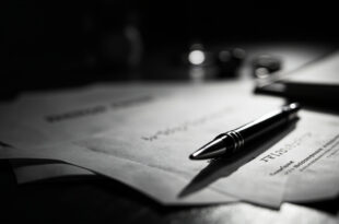Legal documents and forms spread across wooden desk surface with fountain pen