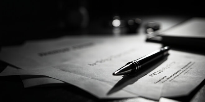 Legal documents and forms spread across wooden desk surface with fountain pen