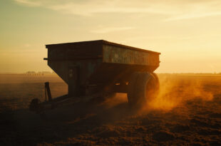 Abandoned manure spreader sits in empty farmyard at dawn, highlighting rural property dispute with stark metallic equipment