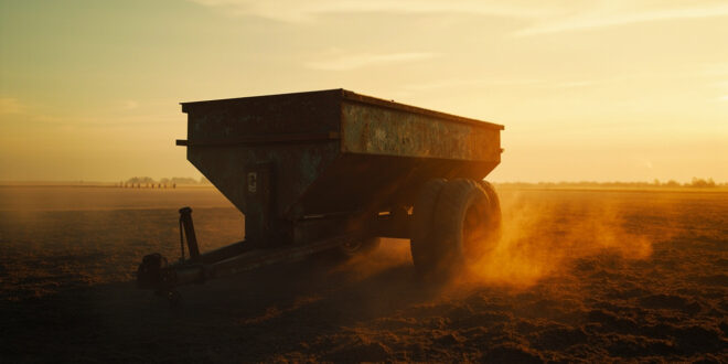 Abandoned manure spreader sits in empty farmyard at dawn, highlighting rural property dispute with stark metallic equipment