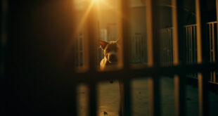 Solitary American Bully dog sitting behind kennel bars in an empty animal shelter corridor, illuminated by amber light