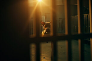 Solitary American Bully dog sitting behind kennel bars in an empty animal shelter corridor, illuminated by amber light