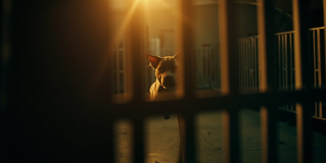 Solitary American Bully dog sitting behind kennel bars in an empty animal shelter corridor, illuminated by amber light