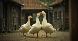 Three white Emden geese standing in rustic farmyard with wooden barn structures and scattered straw