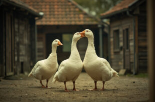 Three white Emden geese standing in rustic farmyard with wooden barn structures and scattered straw