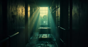 Empty prison corridor at dawn with abandoned legal documents on desk, barred cell window visible