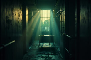 Empty prison corridor at dawn with abandoned legal documents on desk, barred cell window visible