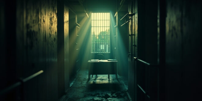 Empty prison corridor at dawn with abandoned legal documents on desk, barred cell window visible