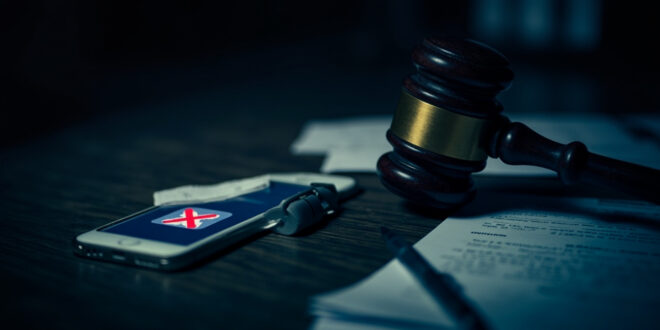 Wooden gavel beside smartphone displaying blocked social media icons on courtroom desk