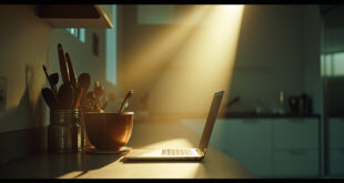 Empty kitchen counter displaying traditional cooking utensils beside modern laptop, highlighting contrasting relationship roles