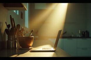Empty kitchen counter displaying traditional cooking utensils beside modern laptop, highlighting contrasting relationship roles