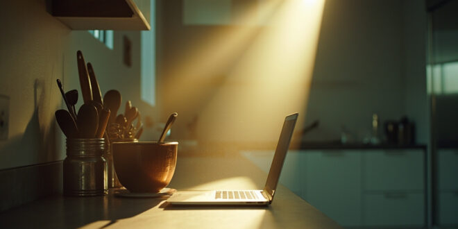 Empty kitchen counter displaying traditional cooking utensils beside modern laptop, highlighting contrasting relationship roles