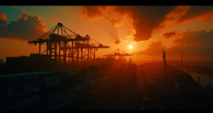 Hamburg port at sunset with cargo cranes and shipping containers along the waterfront