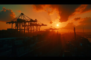 Hamburg port at sunset with cargo cranes and shipping containers along the waterfront