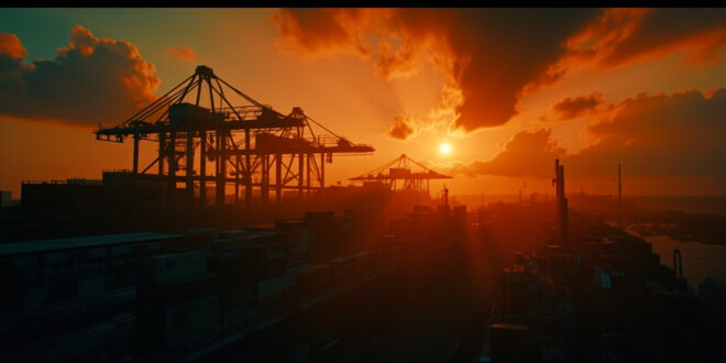 Hamburg port at sunset with cargo cranes and shipping containers along the waterfront