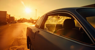 Abandoned car with shattered window in scorching shopping center parking lot, highlighting dangers of pets in hot vehicles