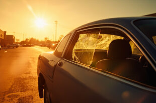 Abandoned car with shattered window in scorching shopping center parking lot, highlighting dangers of pets in hot vehicles