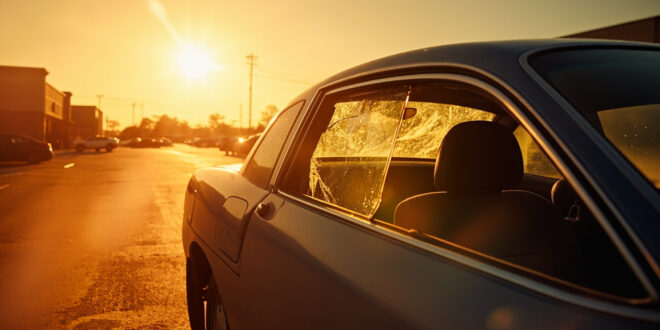Abandoned car with shattered window in scorching shopping center parking lot, highlighting dangers of pets in hot vehicles