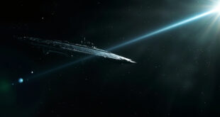 Mysterious elongated metallic spacecraft drifting through the dark vastness of space, surrounded by distant stars