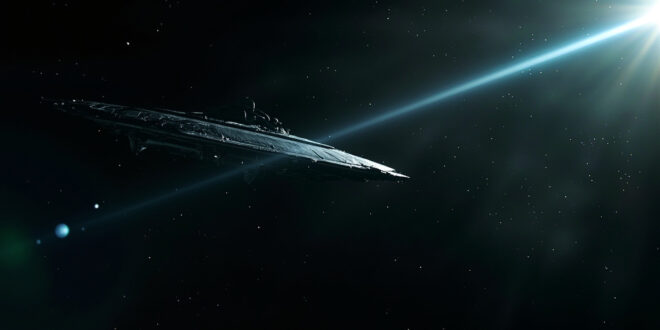 Mysterious elongated metallic spacecraft drifting through the dark vastness of space, surrounded by distant stars