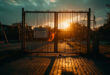 Locked playground gate with warning signs blocking access to empty playground equipment at dusk, symbolizing exclusion
