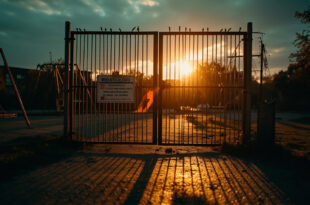 Locked playground gate with warning signs blocking access to empty playground equipment at dusk, symbolizing exclusion