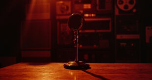 Vintage CBS microphone sits on wooden desk in empty retro television studio with warm lighting
