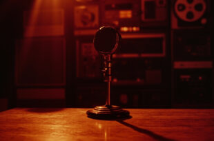 Vintage CBS microphone sits on wooden desk in empty retro television studio with warm lighting