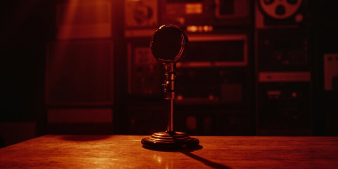 Vintage CBS microphone sits on wooden desk in empty retro television studio with warm lighting