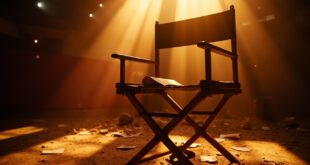 Empty director's chairs with scattered scripts on a vacant film set, illuminated by golden light in an abandoned studio.
