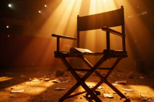 Empty director's chairs with scattered scripts on a vacant film set, illuminated by golden light in an abandoned studio.