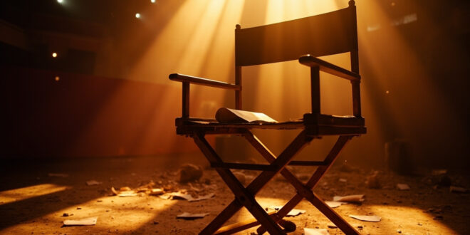 Empty director's chairs with scattered scripts on a vacant film set, illuminated by golden light in an abandoned studio.