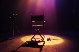 Empty spotlight illuminates abandoned film camera and wilted rose on director's chair in dimmed theater at twilight