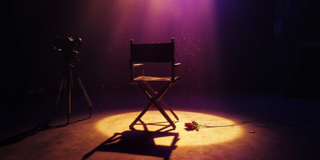 Empty spotlight illuminates abandoned film camera and wilted rose on director's chair in dimmed theater at twilight