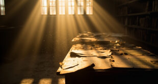 Historical warfare documents and maps scattered across weathered wooden desk in dusty, sunlit archive room