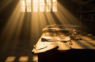 Historical warfare documents and maps scattered across weathered wooden desk in dusty, sunlit archive room