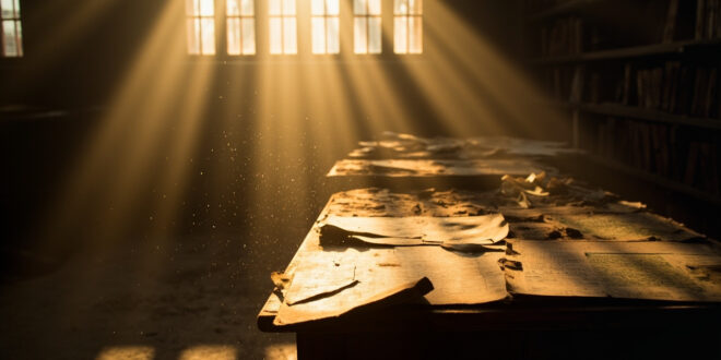 Historical warfare documents and maps scattered across weathered wooden desk in dusty, sunlit archive room