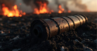 Rusted World War Two artillery shell half-buried in charred peat with smoke rising from smoldering moorland