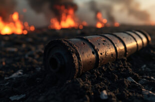 Rusted World War Two artillery shell half-buried in charred peat with smoke rising from smoldering moorland