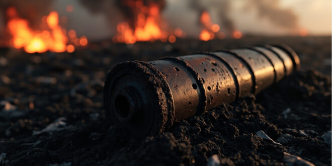 Rusted World War Two artillery shell half-buried in charred peat with smoke rising from smoldering moorland