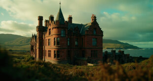 Red sandstone Victorian castle with ornate turrets set on grassy island grounds with sea in background