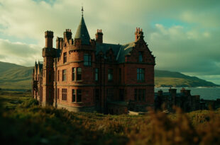 Red sandstone Victorian castle with ornate turrets set on grassy island grounds with sea in background