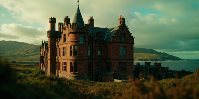 Red sandstone Victorian castle with ornate turrets set on grassy island grounds with sea in background