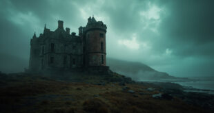 Red sandstone castle with ornate turrets on remote Scottish island surrounded by wild grassland and distant mountains