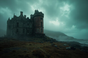 Red sandstone castle with ornate turrets on remote Scottish island surrounded by wild grassland and distant mountains