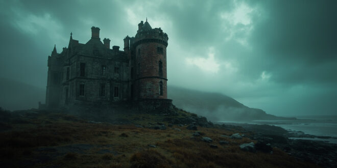 Red sandstone castle with ornate turrets on remote Scottish island surrounded by wild grassland and distant mountains