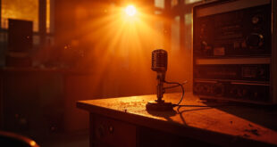 Abandoned 1970s radio station studio with vintage microphone on silent desk, illuminated by warm amber light
