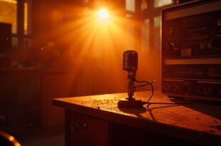 Abandoned 1970s radio station studio with vintage microphone on silent desk, illuminated by warm amber light